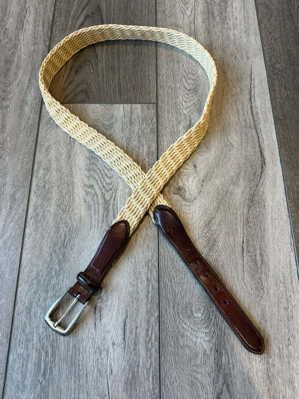 Orvis Braided Woven Belt Size 42 Beige Leather